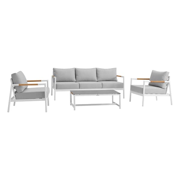 Armen Living Royal 4 Piece White Aluminum and Teak Outdoor Seating Set with Light Gray Cushions 840254332874 - main